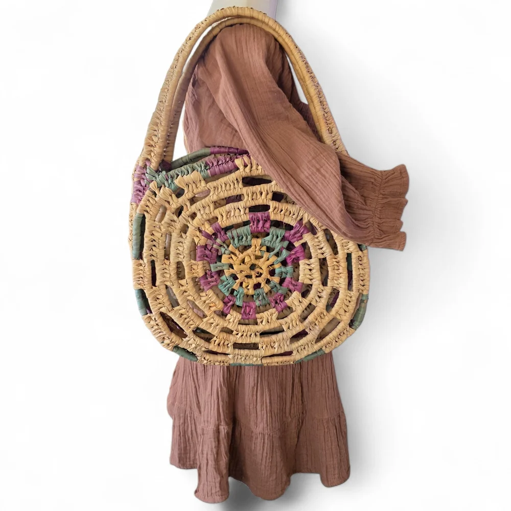 Round Boho, Hippie Straw Shoulder Bag in Natural with Pink & Green Accents - Picture 3 of 6